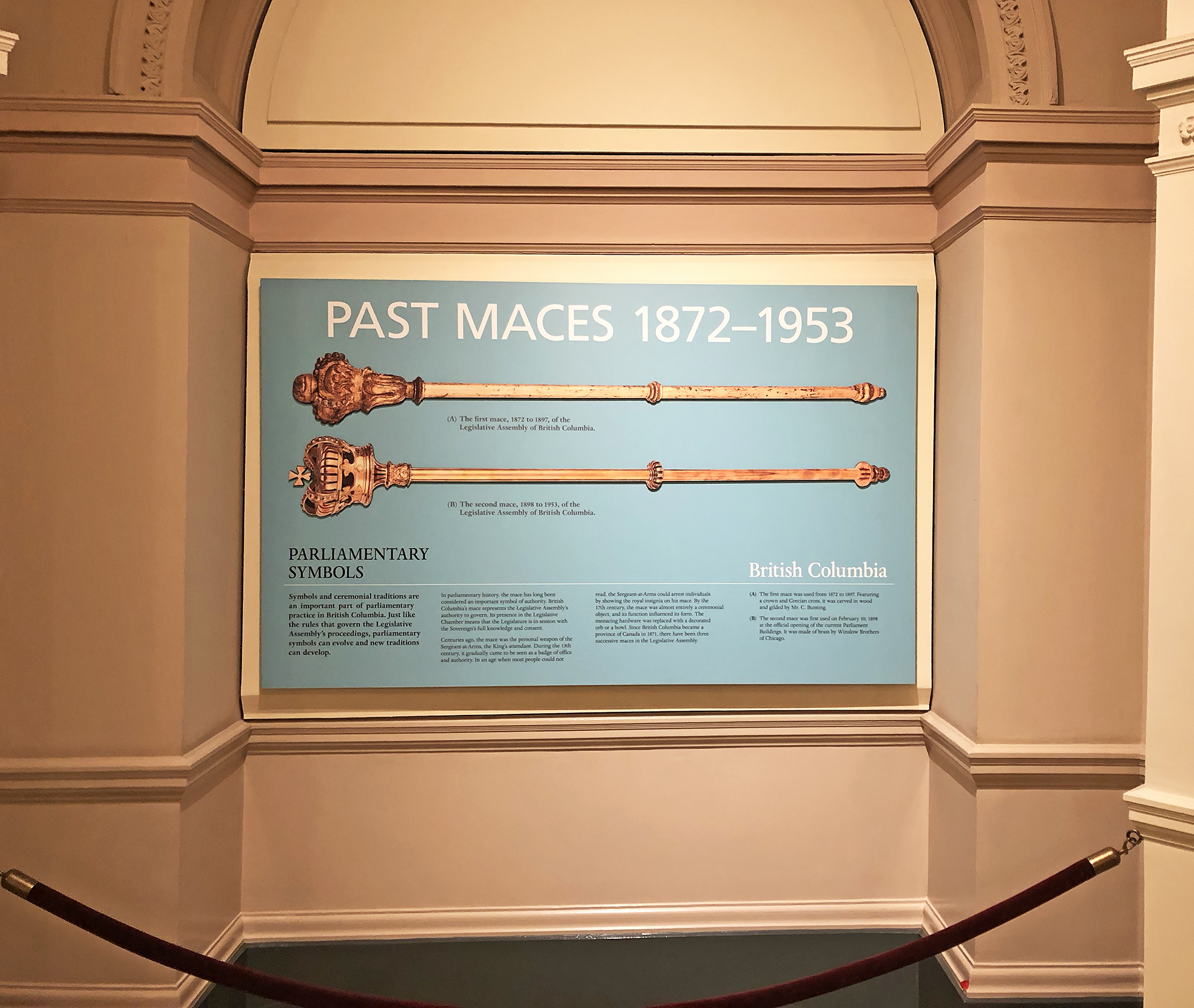 Legislative Assembly - Lower Rotunda Parliamentary Symbols Display - Past Maces 1872–1953
